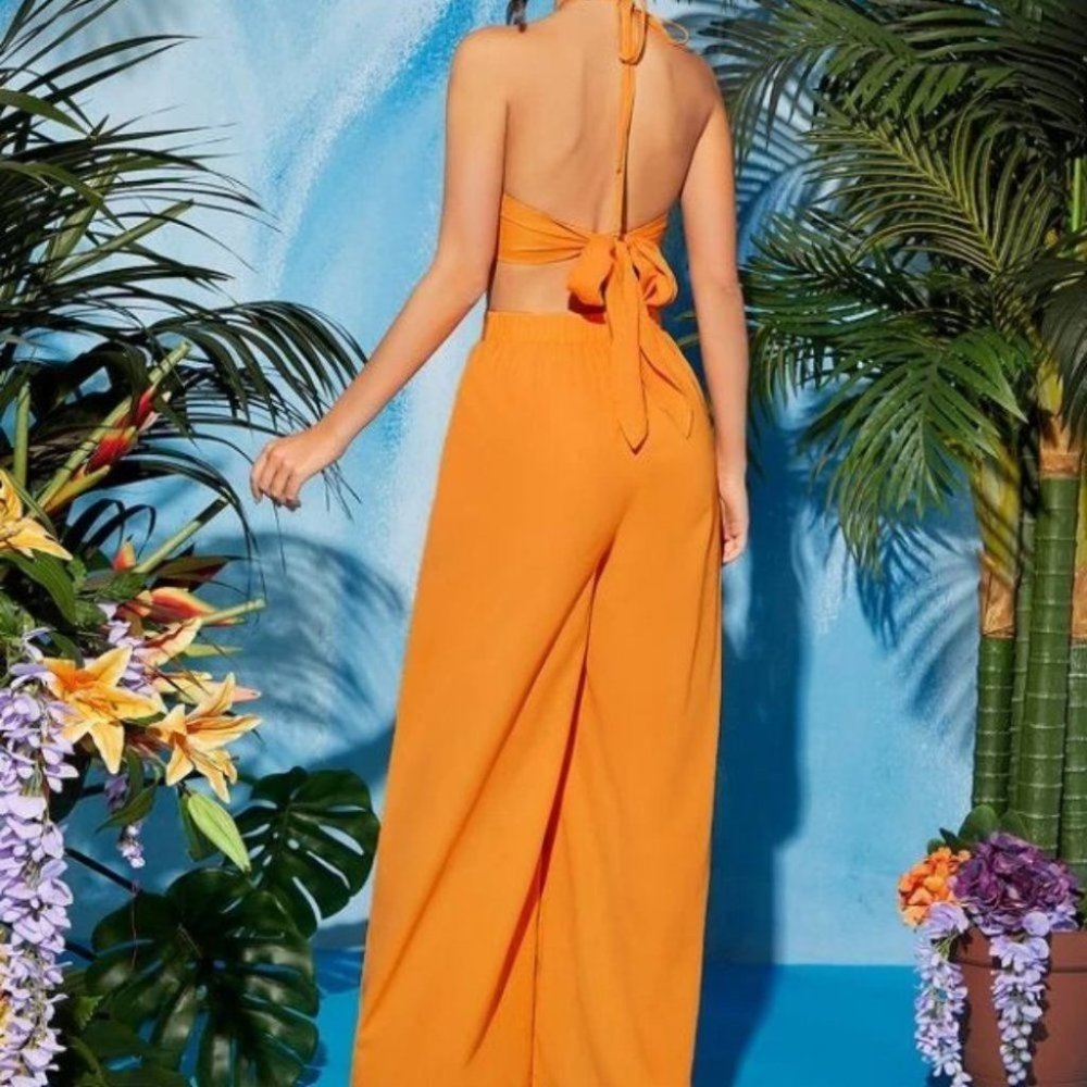 Orange Halter Backless knot tassel Jumpsuit - Picture 6 of 7